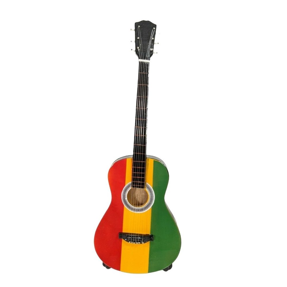 Rasta Rainbow MINIATURE SCALE 9.5"H x 3" Wide Guitar With Display Stand